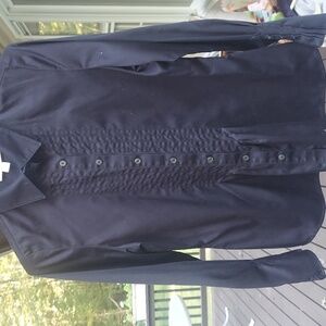 Coldwater Creek Black Ruffled Pleated Button Down Tuxedo Blouse Sz M